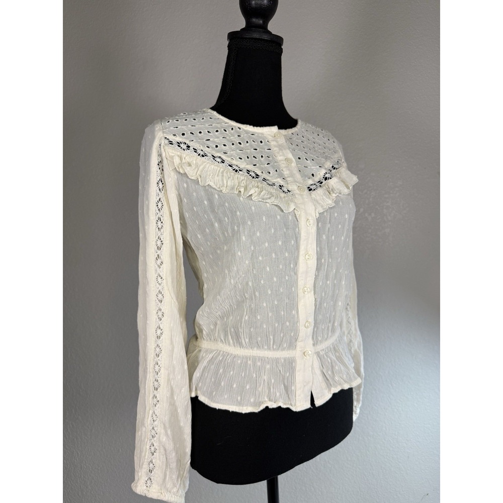 American Eagle Size S Small Creamy White Boho Embroidered‎ Top Blouse
